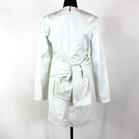 MSGM Abito Faux Leather Dress NEW Croc Embossed Tie Sash Belted White Mini Sz M - Picture 6 of 9